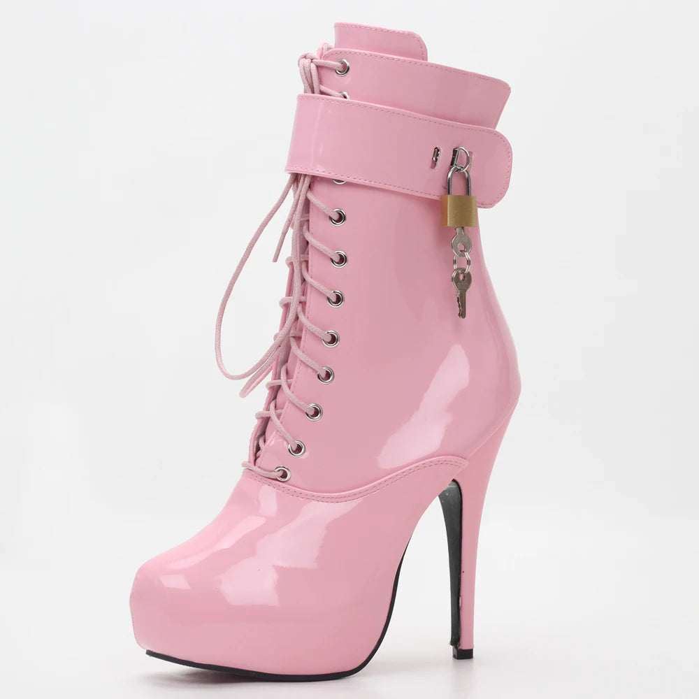 Sexy Single Boots Lace-Up 15cm High Thin Heel 4CM Platform Ankle Short Boots Unisex Plus Size Padlocks Boots