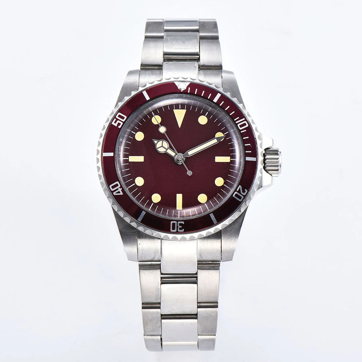 40mm Automatic Mechanical Movement Men's Red Dial Stainless Steel Case Bracelet Luminous Watch Aluminum Bezel
