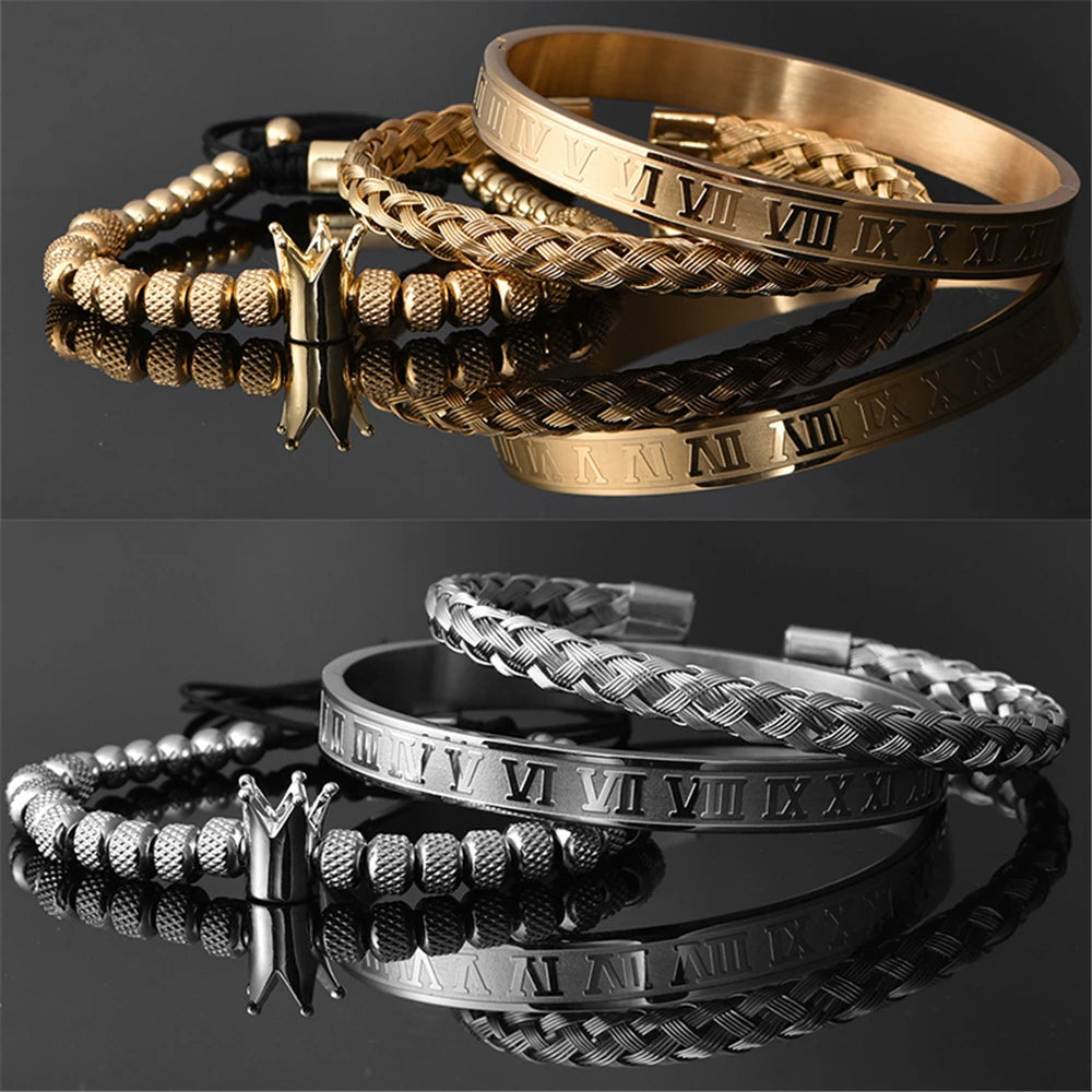 Luxury Roman Royal Crown Charm Bracelet Men Stainless Steel Geometry Pulseiras Men Open Adjustable Bracelets Couple Jewelry Gift