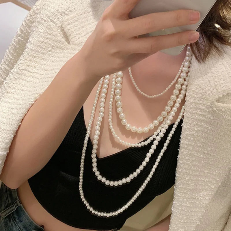 Colar comprido de pérolas multicamadas para mulher, elegante, acessório para vestido de noite, corrente para camisola