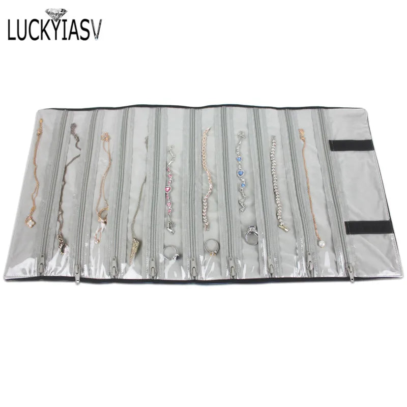 Velvet Travel Zipper Jewelry Roll Bag for Jewellery Ring Earrings Organizer Storage Bag Portable Necklace Display Cases