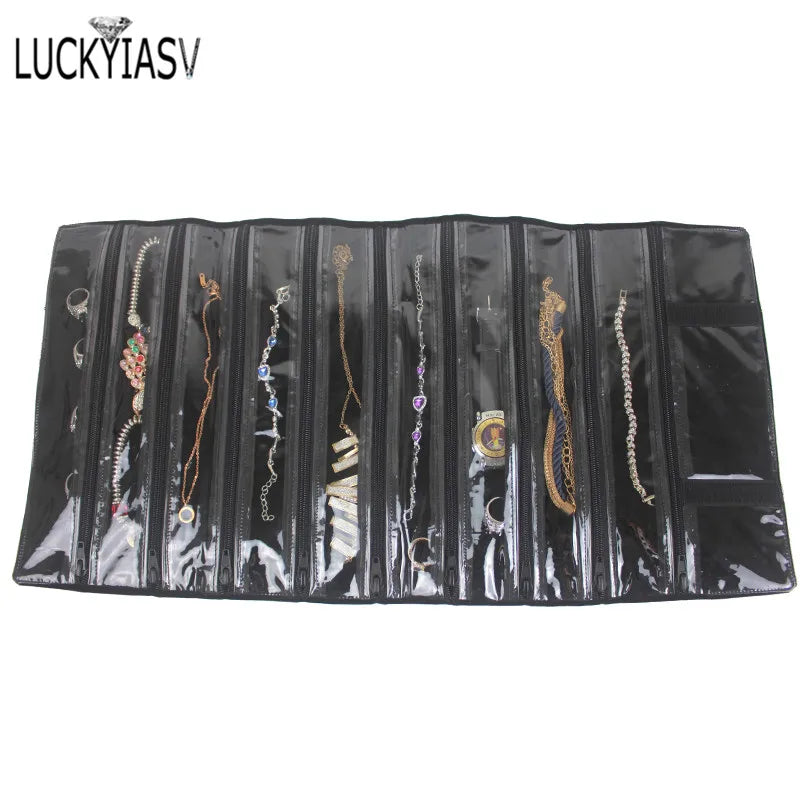 Velvet Travel Zipper Jewelry Roll Bag for Jewellery Ring Earrings Organizer Storage Bag Portable Necklace Display Cases
