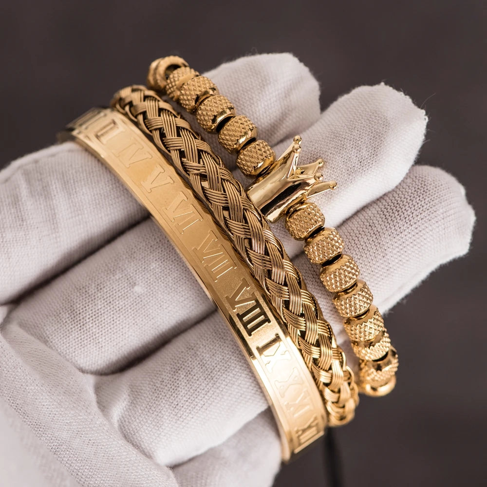 Luxury Roman Royal Crown Charm Bracelet Men Stainless Steel Geometry Pulseiras Men Open Adjustable Bracelets Couple Jewelry Gift