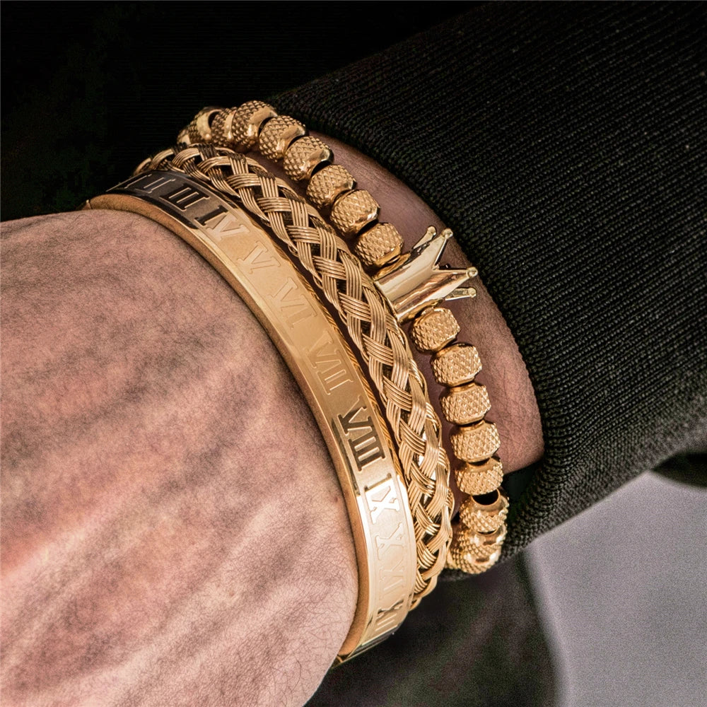 Luxury Roman Royal Crown Charm Bracelet Men Stainless Steel Geometry Pulseiras Men Open Adjustable Bracelets Couple Jewelry Gift