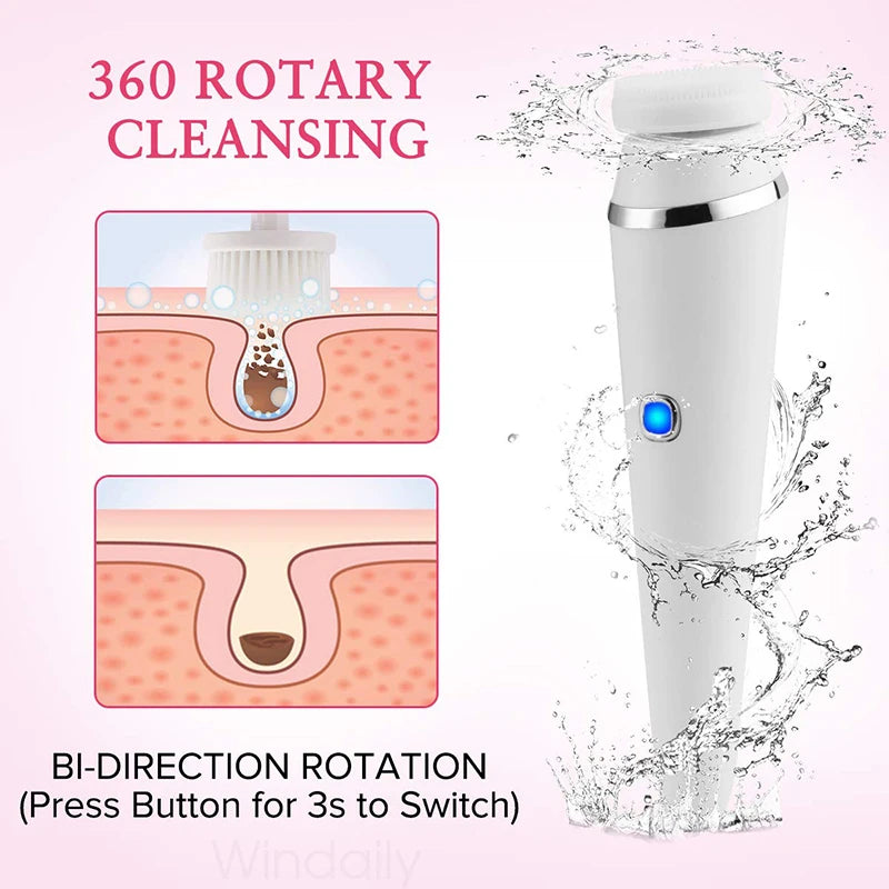 4 in 1 Electric Facial Cleansing Brush Rechargeable Waterproof Spin Sonic Exfoliator Face Scrubber Cleanser Skin Care Machine