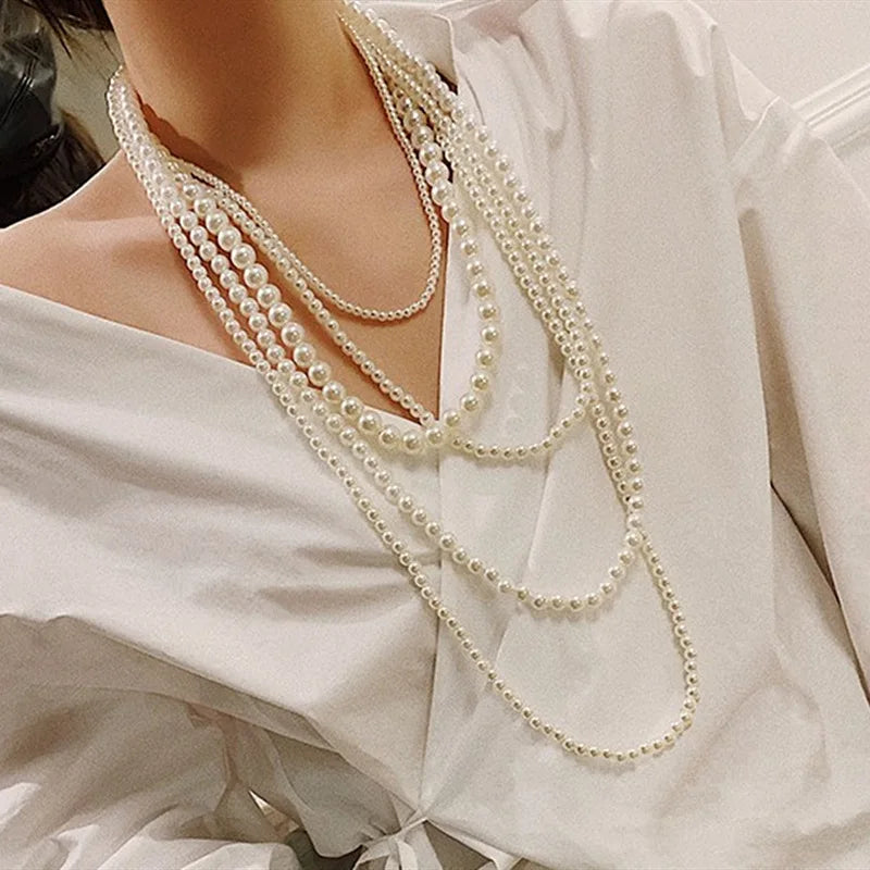 Colar comprido de pérolas multicamadas para mulher, elegante, acessório para vestido de noite, corrente para camisola