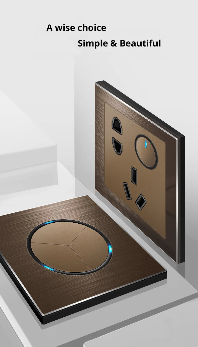 Double EU French Electrical Power Outlet Brown Brushed Aluminum Panel Wall Socket 146 * 86mm Wallpad L6
