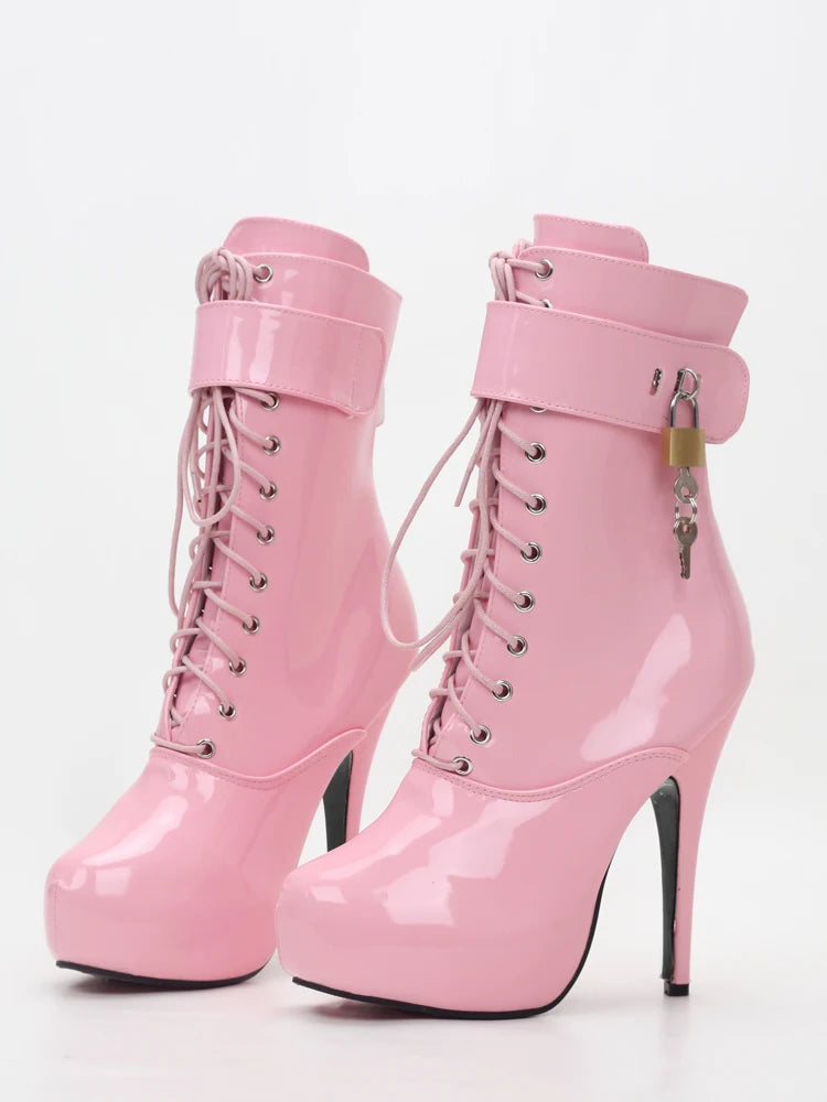 Sexy Single Boots Lace-Up 15cm High Thin Heel 4CM Platform Ankle Short Boots Unisex Plus Size Padlocks Boots