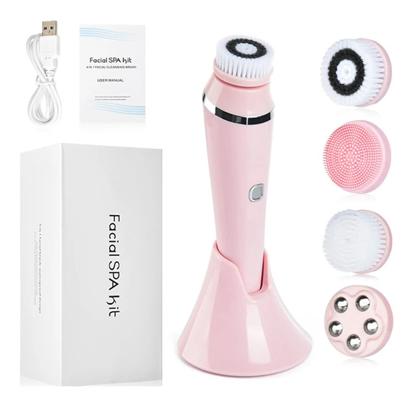 4 in 1 Electric Facial Cleansing Brush Rechargeable Waterproof Spin Sonic Exfoliator Face Scrubber Cleanser Skin Care Machine