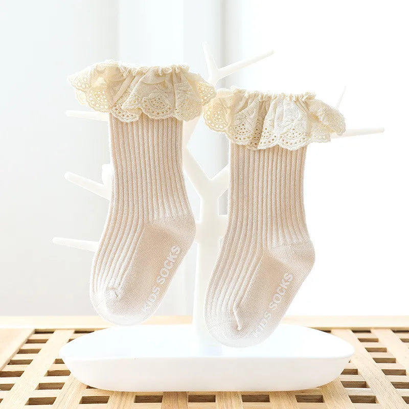 Lawadka Newborn Baby Girl Socks Lace Baby Knee Socks Anti Slip Cotton Socks for Girls Princess Long Autumn Winter Stockings 0-3T