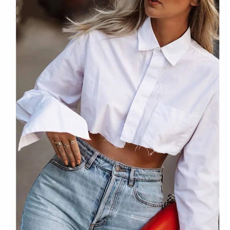Women Long Sleeve Korean K-POP Shirt 2021 Spring Fashion Ladies Club Street Sexy Short White Top Blouse
