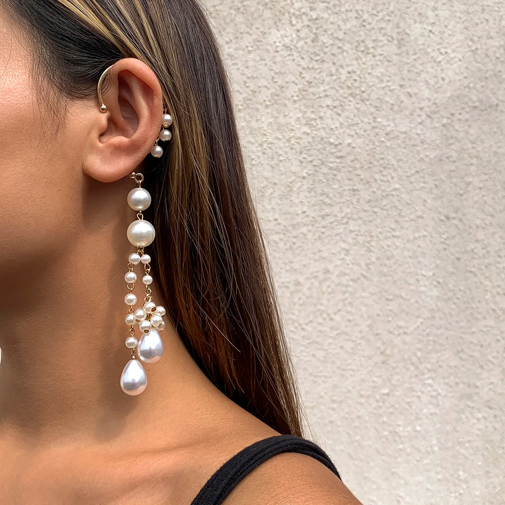 IngeSight.Z 1PC Imitation Pearl Sequins Long Tassel Earrings Kpop Arc Ear Hanging Fake Cartilage Clip Earrings Jewelry Accessory