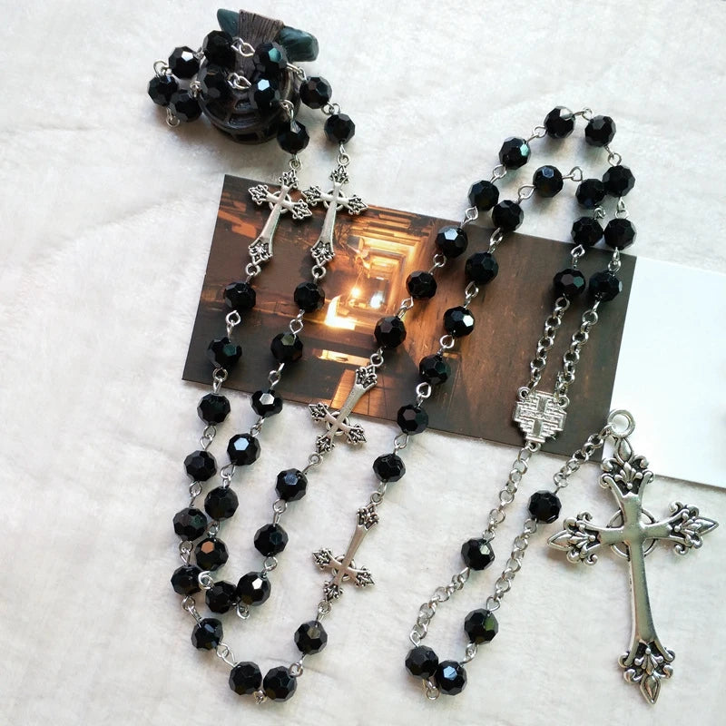 QIGO Black Crystal Rosary Necklace Long Cross Pendant For Men Women Religious Jewelry