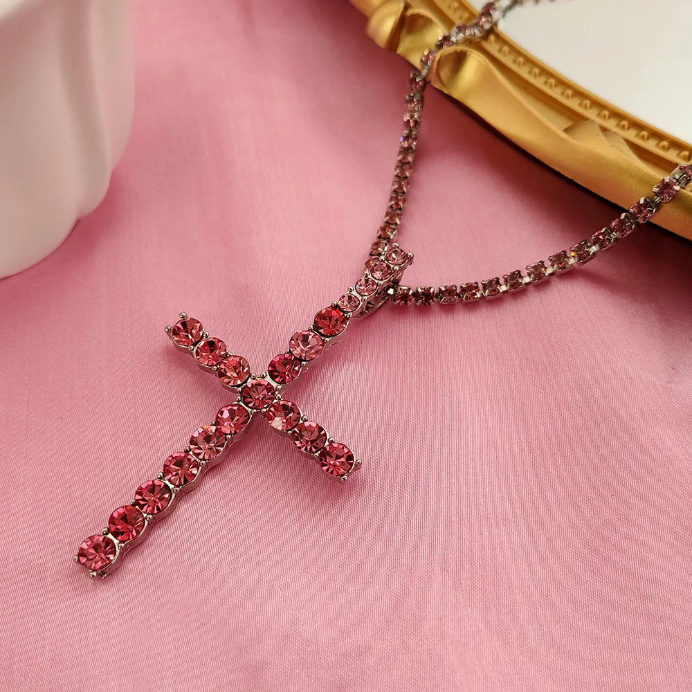 Punk Hip Hop Rhinestone Cross Pendant Necklace for Women Men Bling Iced Out Crystal Chain Choker Necklace Jewelry On The Neck