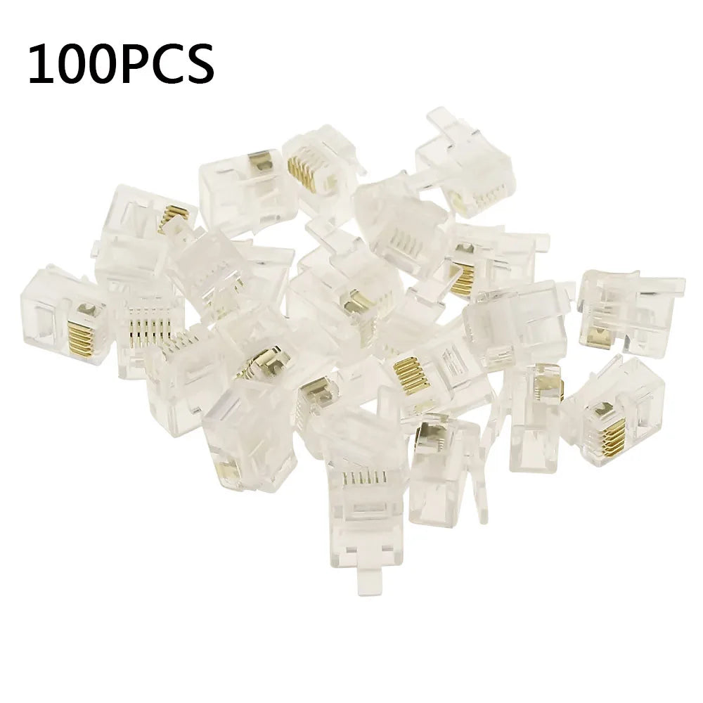 100Pcs 6P6C 4P4C RJ12 RJ9 Crystal Head Modular Plug Gold Plated Network Connector For Solid Phone Cables Connectors