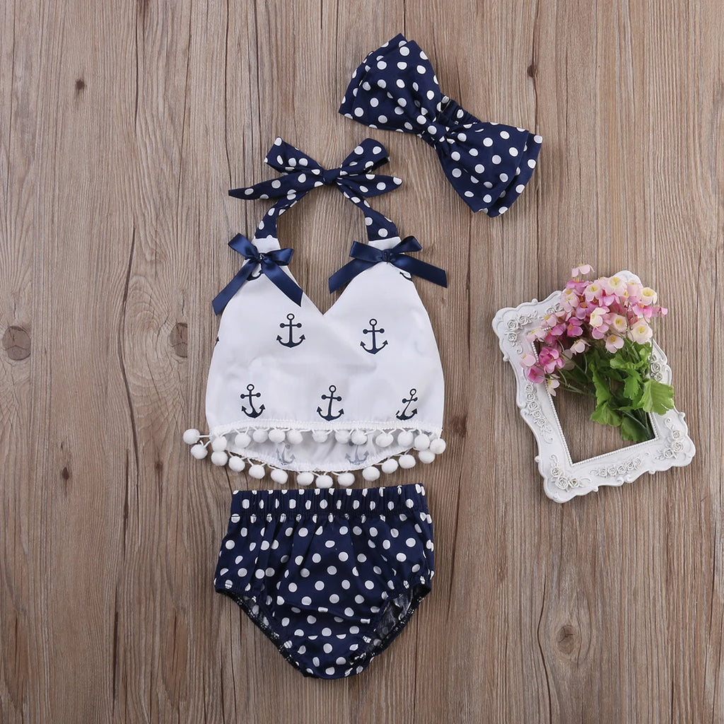 Citgeett Summer 3Pcs/set Infant Baby Girls Clothes Anchor Tops+Polka Dot Briefs+Head Band  Outfits Set Sunsuit 0-24M