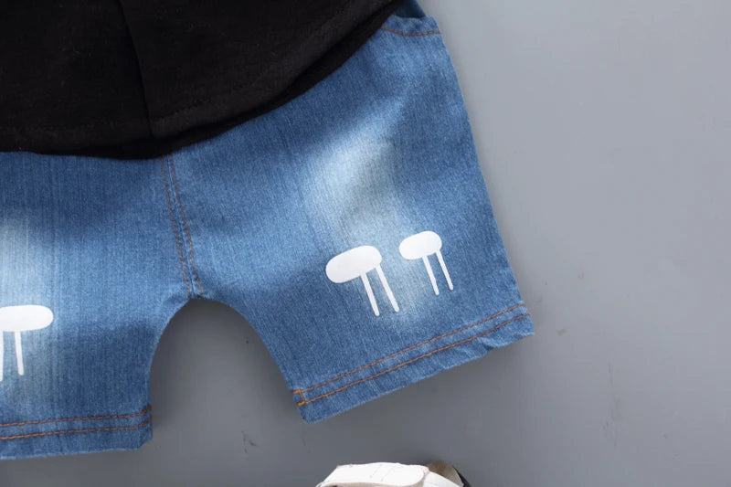New Summer  Hot Sale Toddler Kids Baby Boys Shirt Cartoon Tops Denim Shorts Pants Outfits Set Baby Clothes
