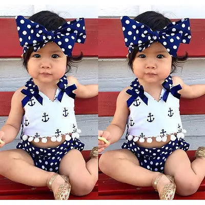Citgeett Summer 3Pcs/set Infant Baby Girls Clothes Anchor Tops+Polka Dot Briefs+Head Band  Outfits Set Sunsuit 0-24M