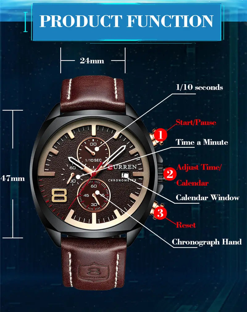 CURREN Watch Men Waterproof Chronograph Sport Military Male Clock Man Top Brand Luxury Leather Wristwatch Relogio Masculino 8324