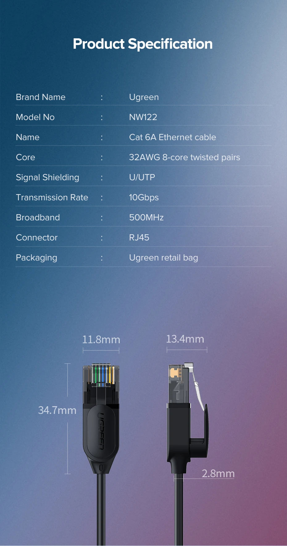 UGREEN Ethernet Cable Cat 6A 10Gbps Network Cable 4 Twisted Pair Patch Cord Internet UTP Cat6a Lan Ethernet RJ45 for Router PC