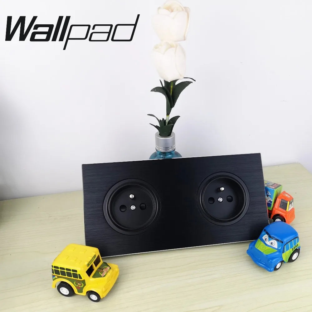 Double EU French Electrical Power Outlet Brown Brushed Aluminum Panel Wall Socket 146 * 86mm Wallpad L6