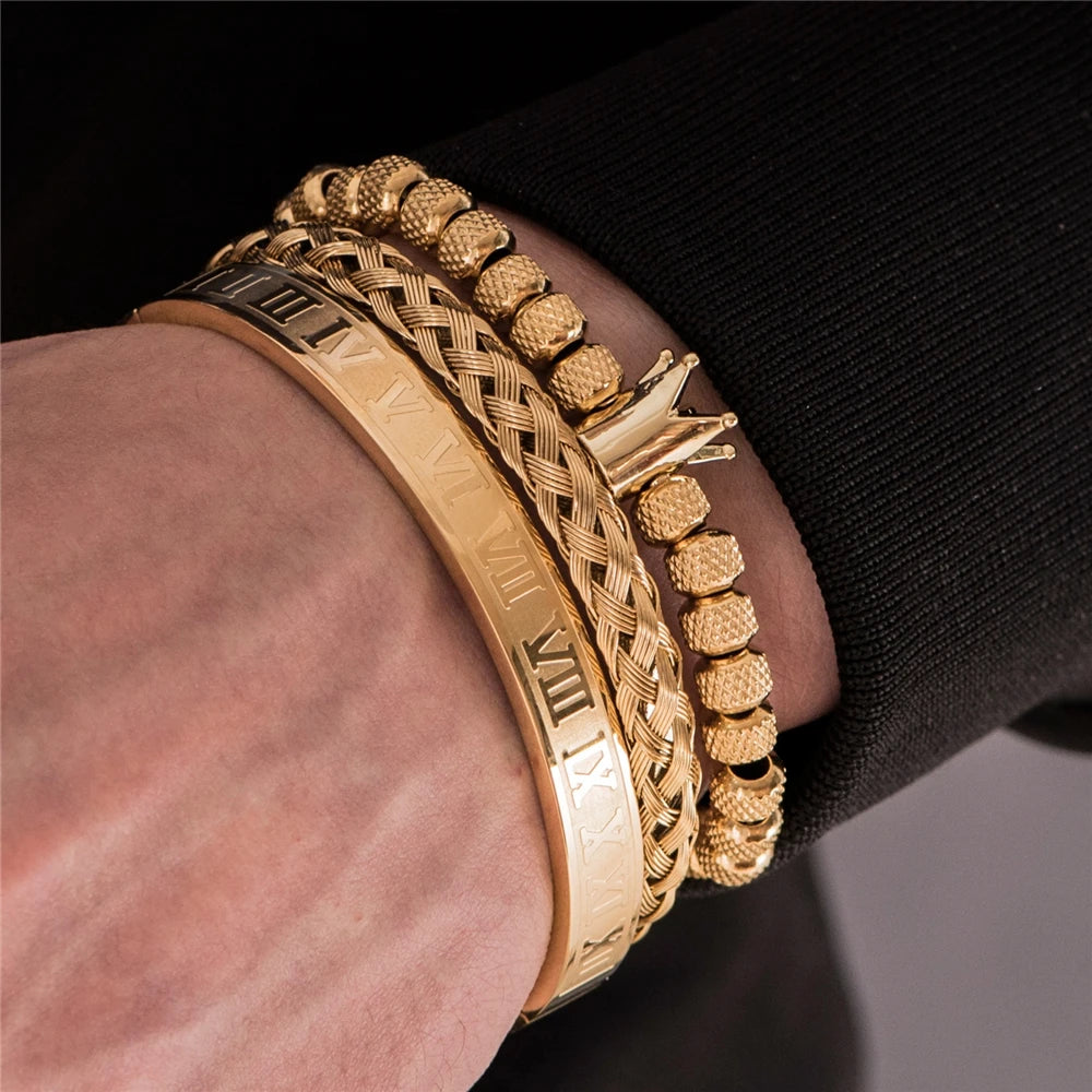 Luxury Roman Royal Crown Charm Bracelet Men Stainless Steel Geometry Pulseiras Men Open Adjustable Bracelets Couple Jewelry Gift