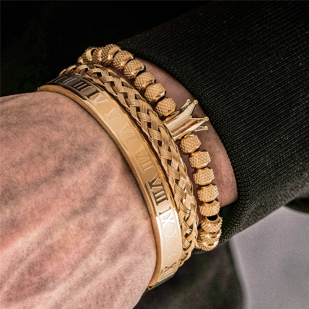 Luxury Roman Royal Crown Charm Bracelet Men Stainless Steel Geometry Pulseiras Men Open Adjustable Bracelets Couple Jewelry Gift