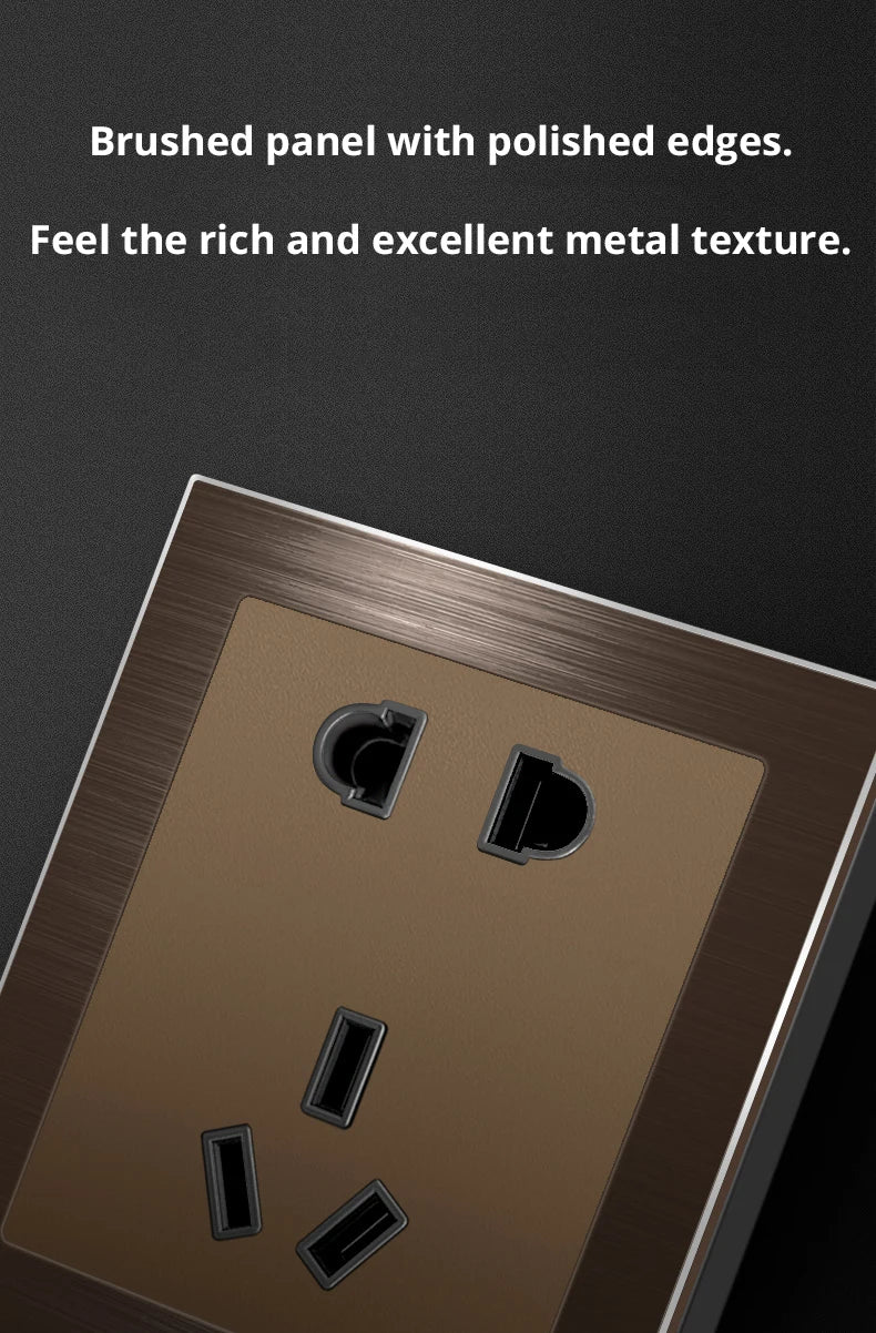 Double EU French Electrical Power Outlet Brown Brushed Aluminum Panel Wall Socket 146 * 86mm Wallpad L6
