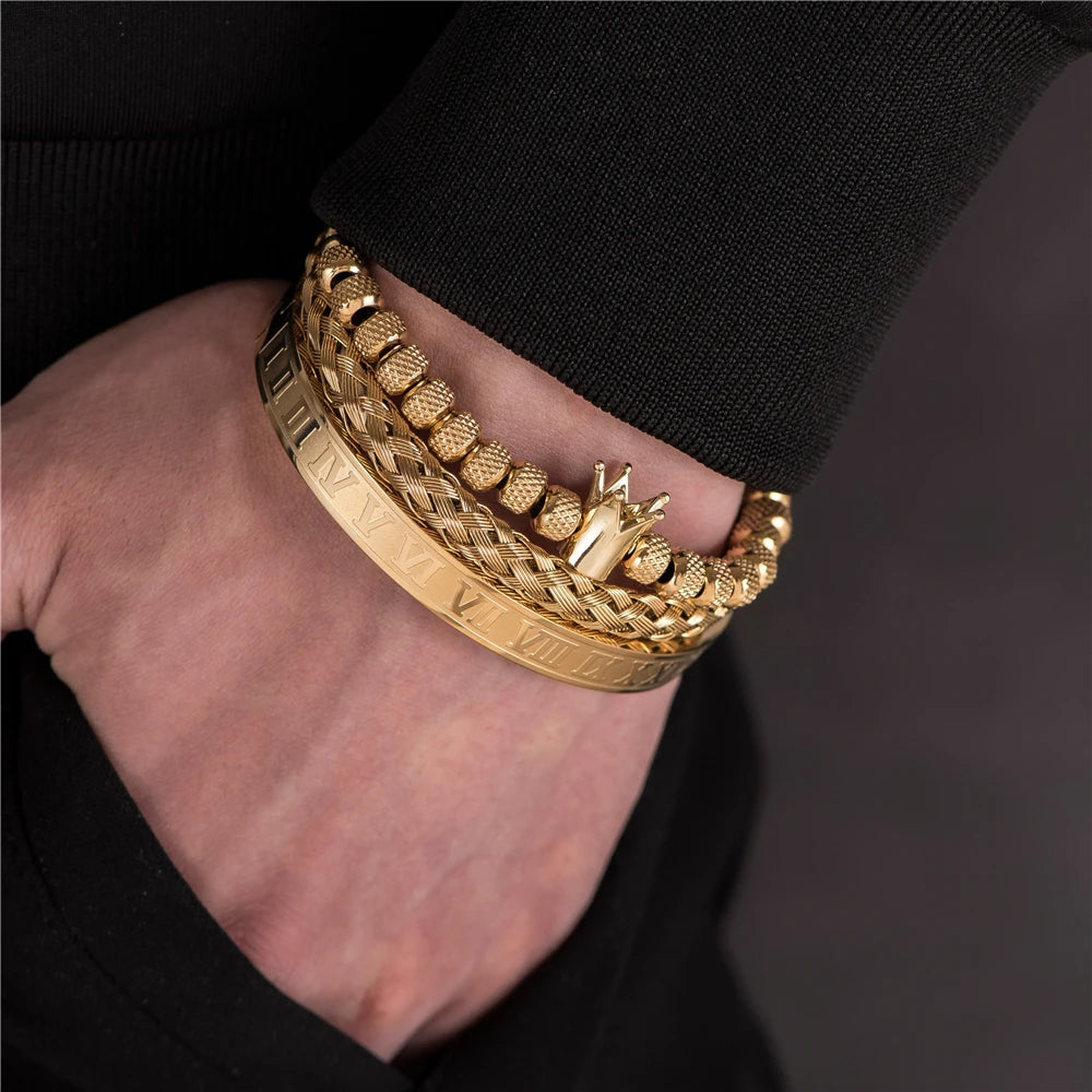 Luxury Roman Royal Crown Charm Bracelet Men Stainless Steel Geometry Pulseiras Men Open Adjustable Bracelets Couple Jewelry Gift