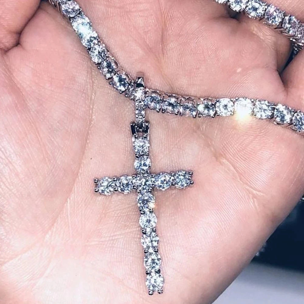 Punk Hip Hop Rhinestone Cross Pendant Necklace for Women Men Bling Iced Out Crystal Chain Choker Necklace Jewelry On The Neck