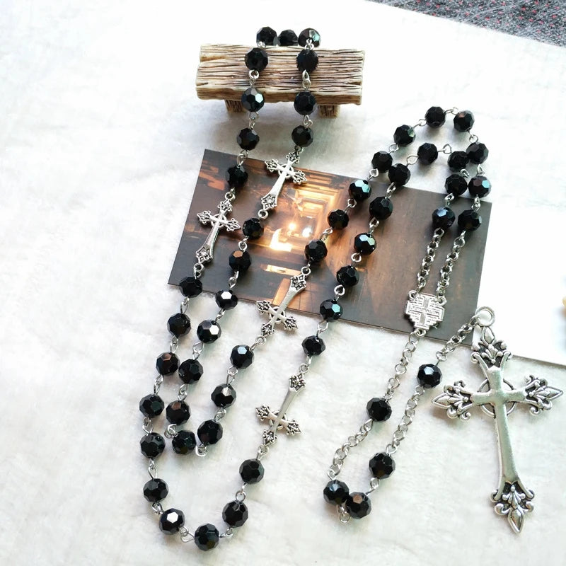 QIGO Black Crystal Rosary Necklace Long Cross Pendant For Men Women Religious Jewelry