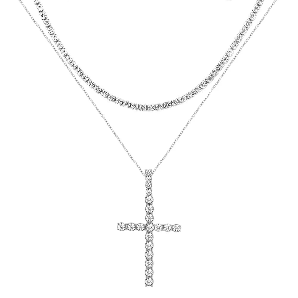 Punk Hip Hop Rhinestone Cross Pendant Necklace for Women Men Bling Iced Out Crystal Chain Choker Necklace Jewelry On The Neck