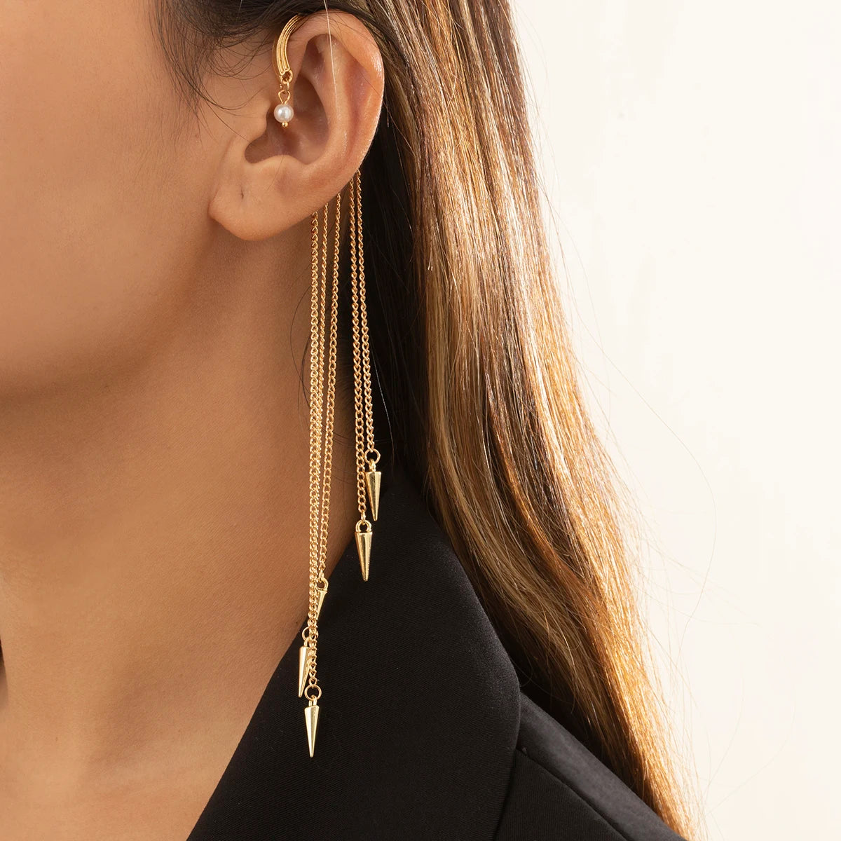 IngeSight.Z 1PC Imitation Pearl Sequins Long Tassel Earrings Kpop Arc Ear Hanging Fake Cartilage Clip Earrings Jewelry Accessory