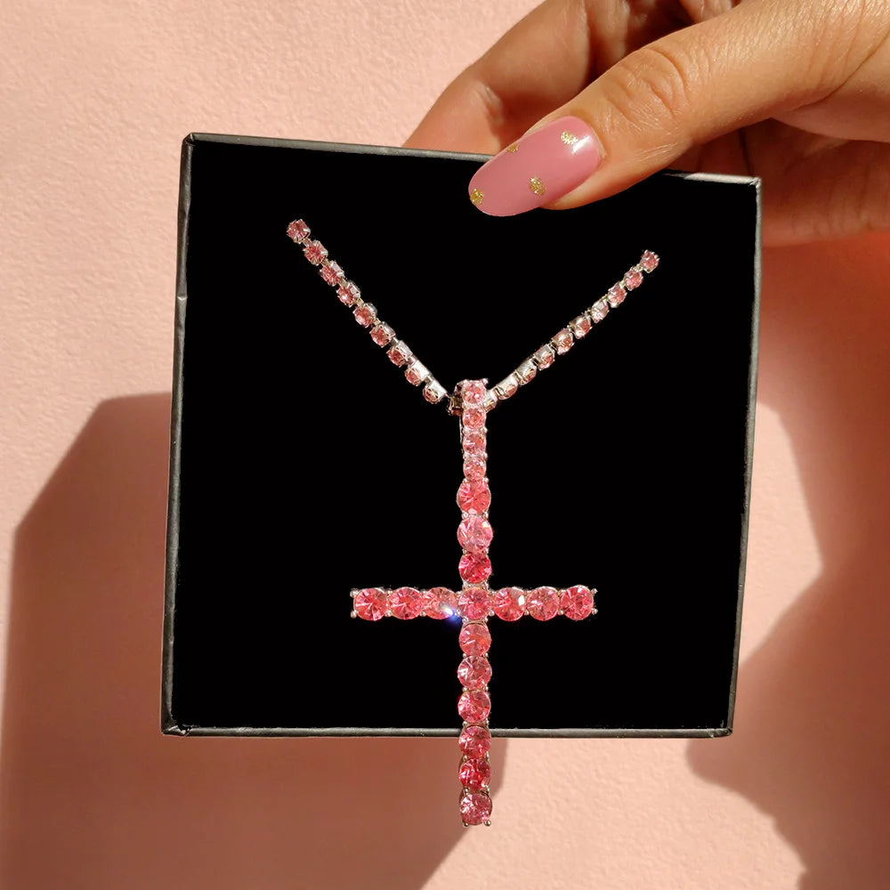 Punk Hip Hop Rhinestone Cross Pendant Necklace for Women Men Bling Iced Out Crystal Chain Choker Necklace Jewelry On The Neck