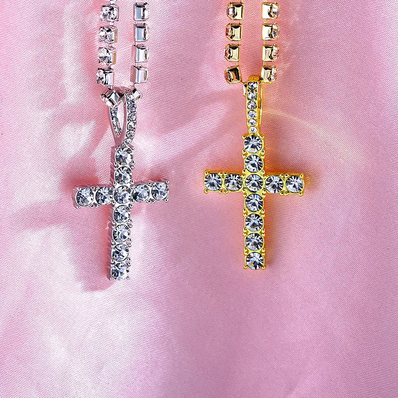 Punk Hip Hop Rhinestone Cross Pendant Necklace for Women Men Bling Iced Out Crystal Chain Choker Necklace Jewelry On The Neck