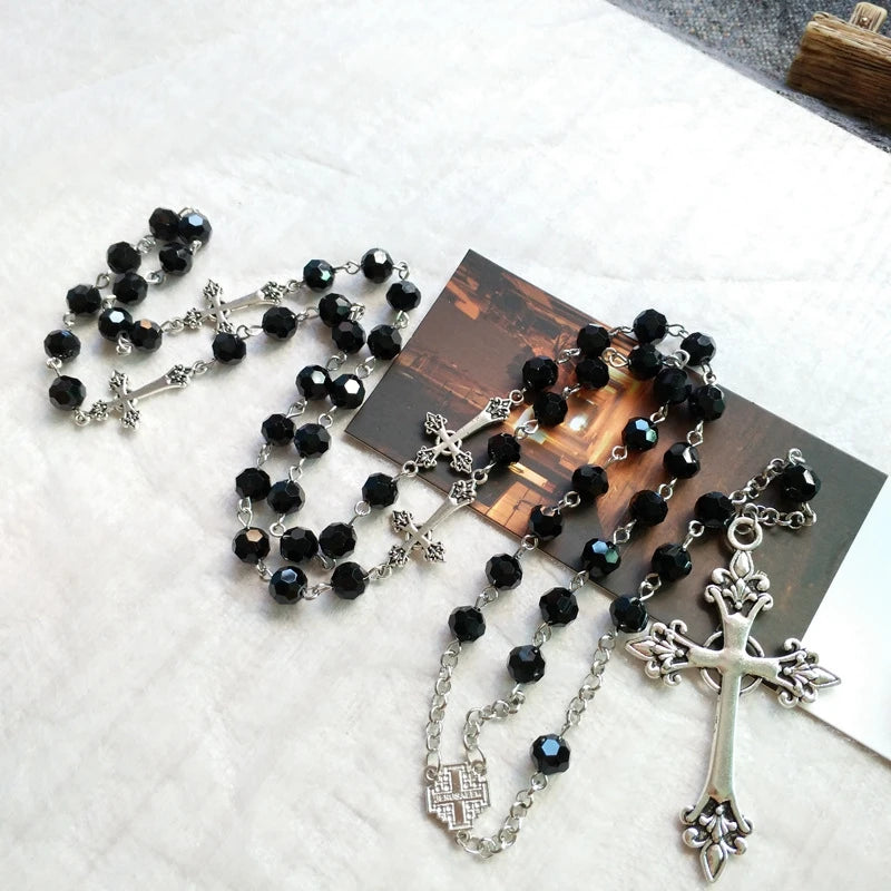 QIGO Black Crystal Rosary Necklace Long Cross Pendant For Men Women Religious Jewelry