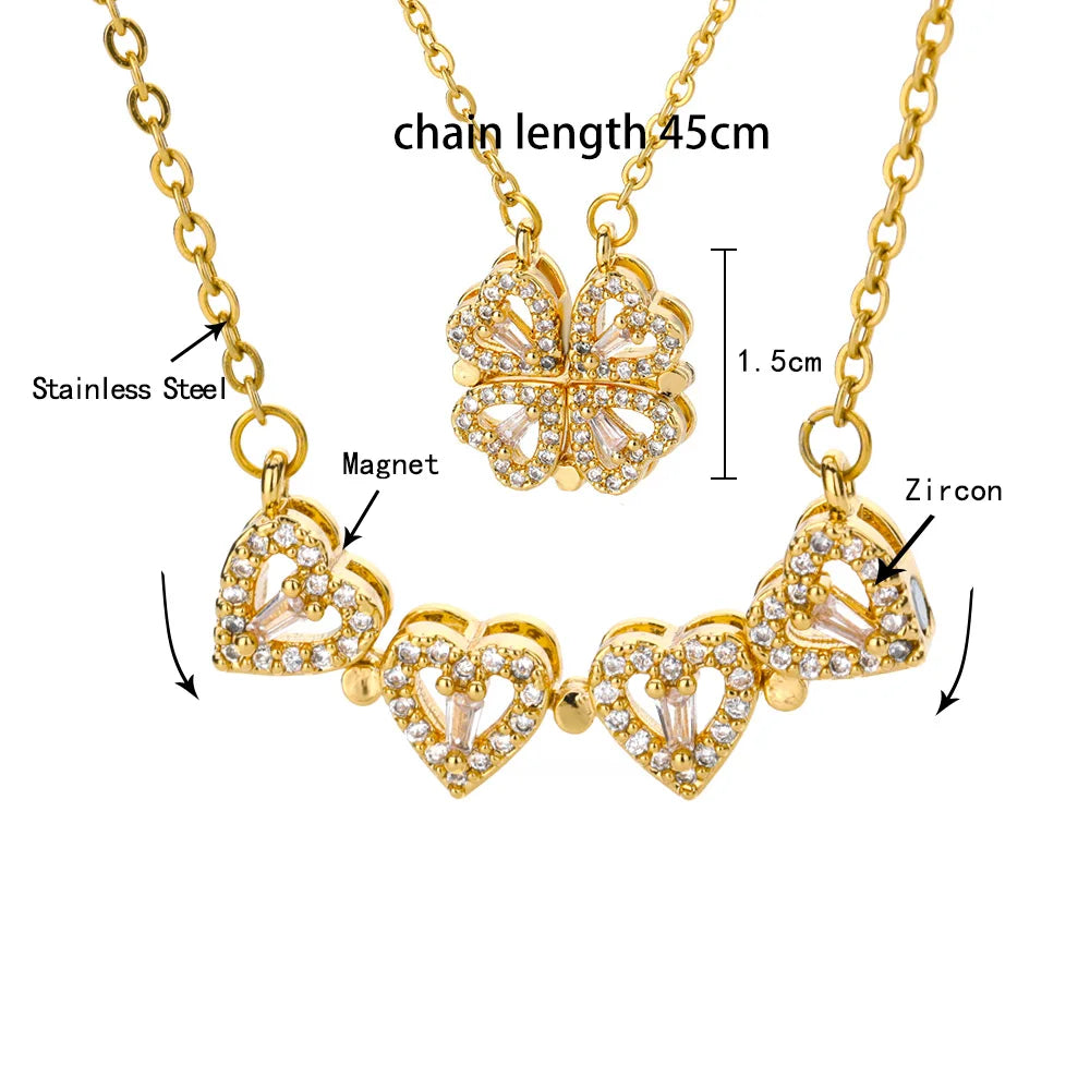 Magnet Heart Four Leaf Clover  Pendant Necklaces For Women Stainless Steel Crystal Heart Necklace Birthday Jewelry Gift bff