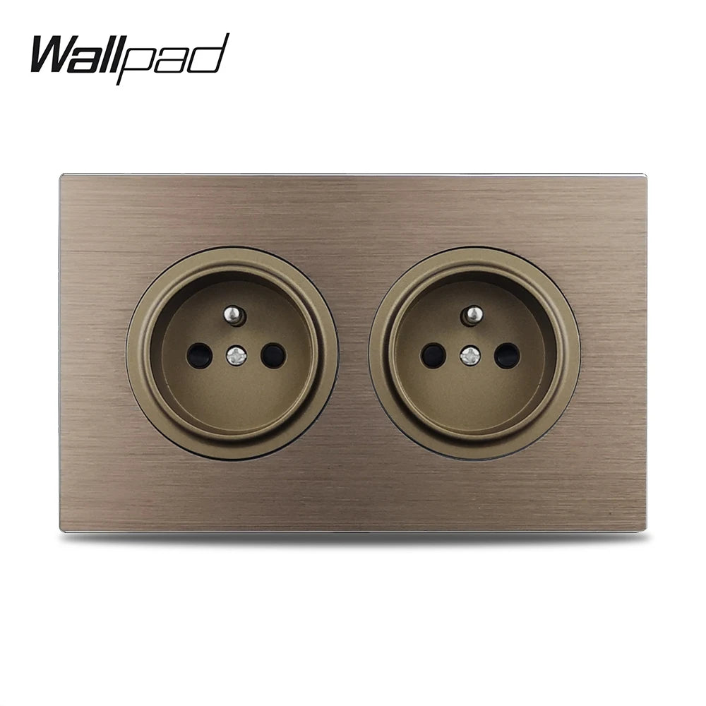Double EU French Electrical Power Outlet Brown Brushed Aluminum Panel Wall Socket 146 * 86mm Wallpad L6