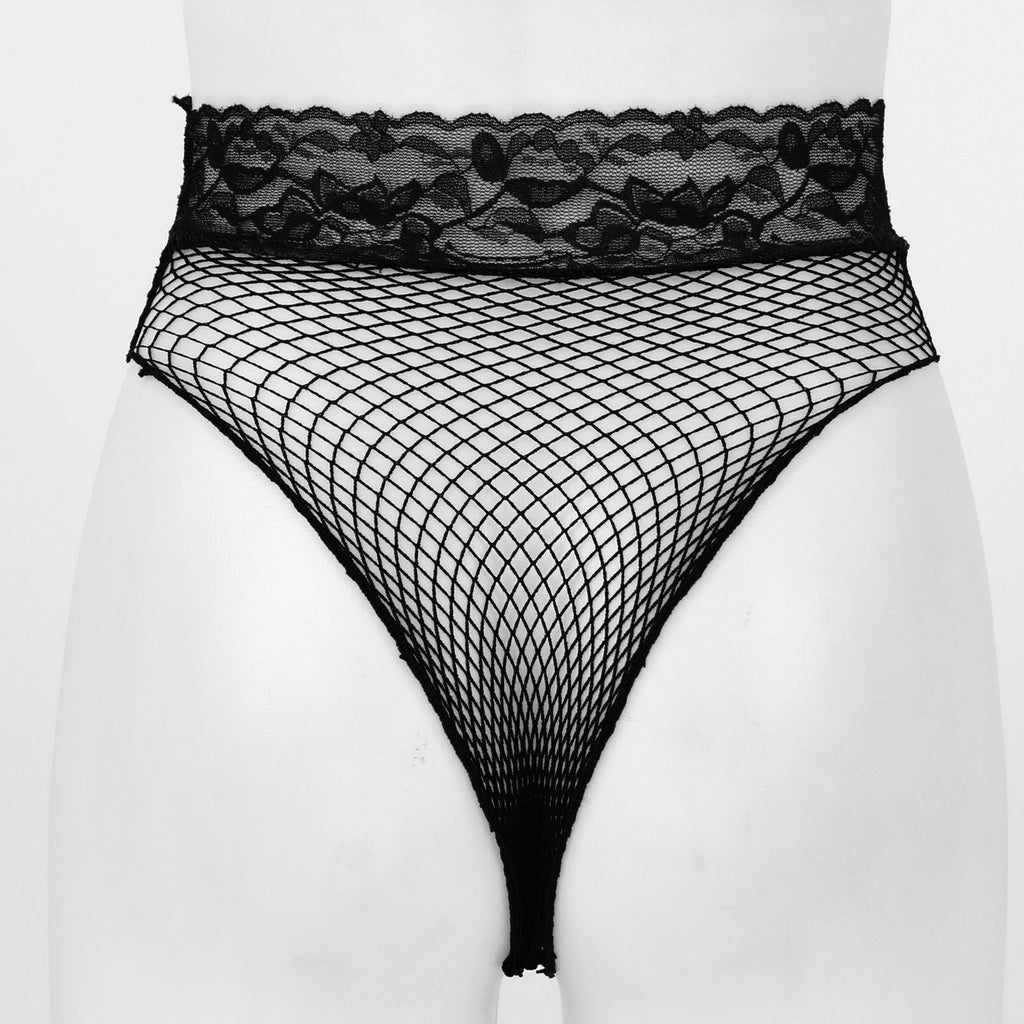 Womens Lingerie Briefs See-through Mesh Underwear Lace Waistband Panties Low Waist Hollow Out Transparent Fishnet Underpants