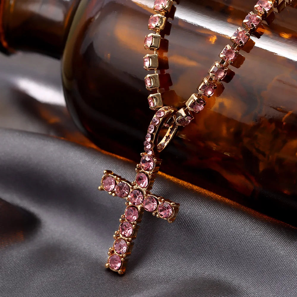 Punk Hip Hop Rhinestone Cross Pendant Necklace for Women Men Bling Iced Out Crystal Chain Choker Necklace Jewelry On The Neck