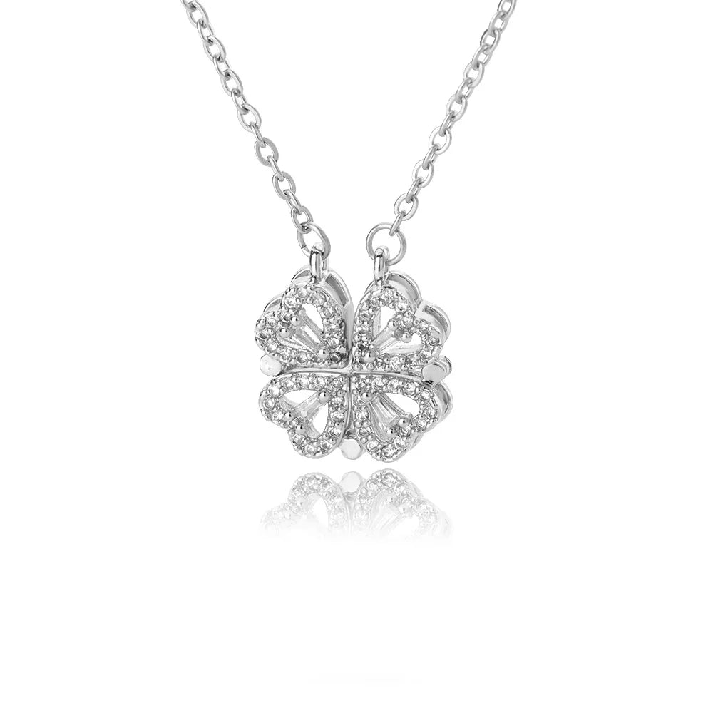 Magnet Heart Four Leaf Clover  Pendant Necklaces For Women Stainless Steel Crystal Heart Necklace Birthday Jewelry Gift bff