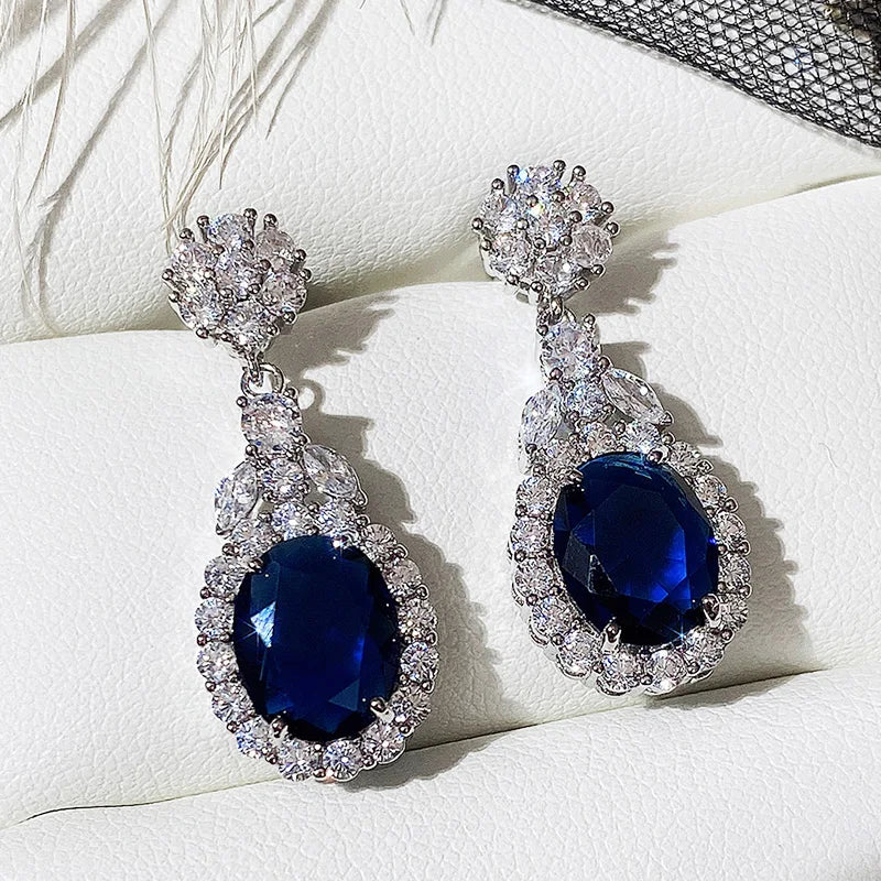 Huitan Newly-designed Women's Dangle Earrings Luxury Blue/White Cubic Zirconia Temperament Ear Accessories High Quality Jewelry