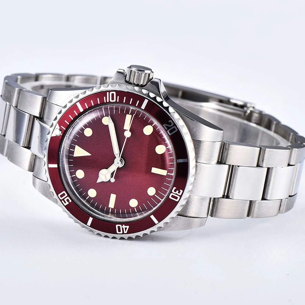 40mm Automatic Mechanical Movement Men's Red Dial Stainless Steel Case Bracelet Luminous Watch Aluminum Bezel