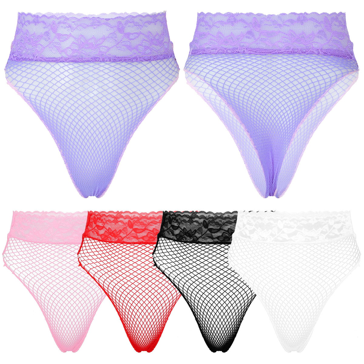 Womens Lingerie Briefs See-through Mesh Underwear Lace Waistband Panties Low Waist Hollow Out Transparent Fishnet Underpants