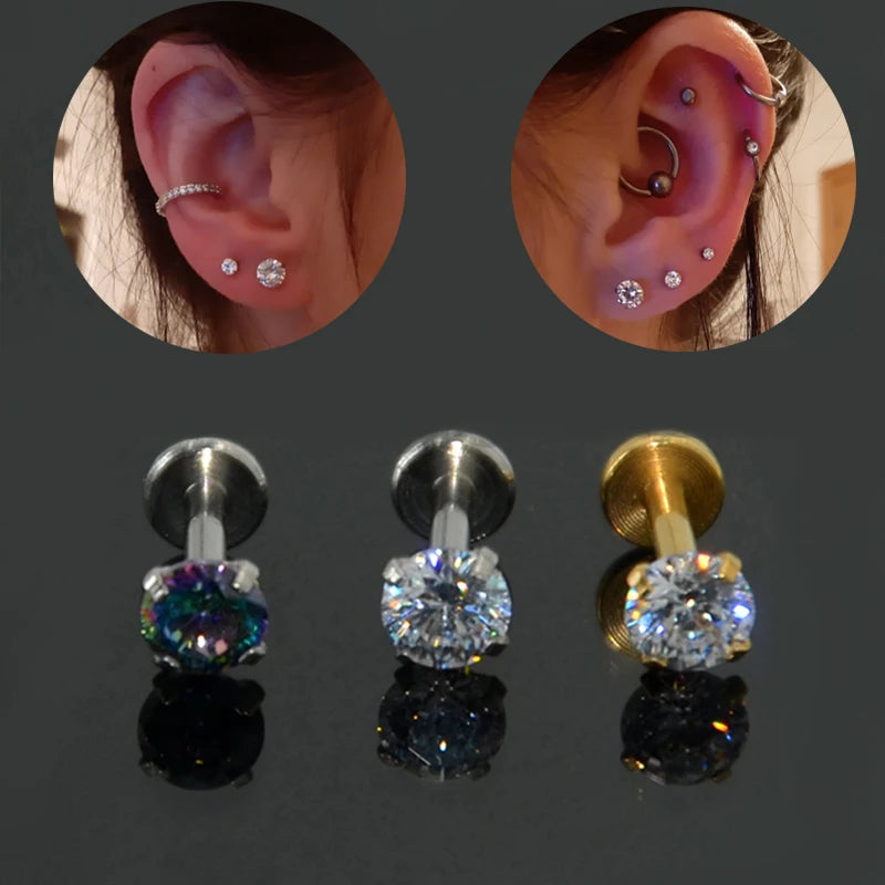 2Pcs 2-5mm Gem Solid Steel  Tragus Cartilage Ear Stud Crystal Zircon Earrings Piercing Jewelry Cartilage Piercing Earrings Prong