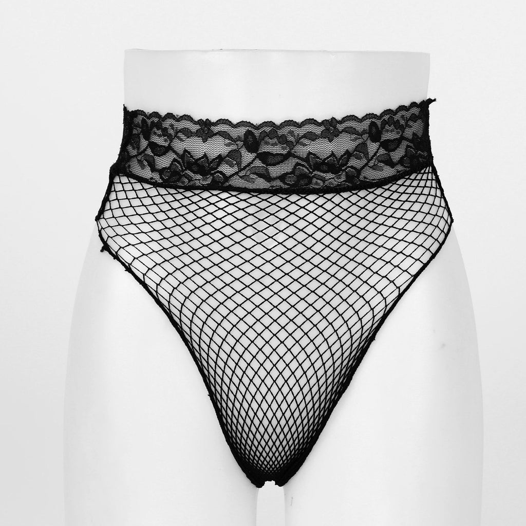 Womens Lingerie Briefs See-through Mesh Underwear Lace Waistband Panties Low Waist Hollow Out Transparent Fishnet Underpants