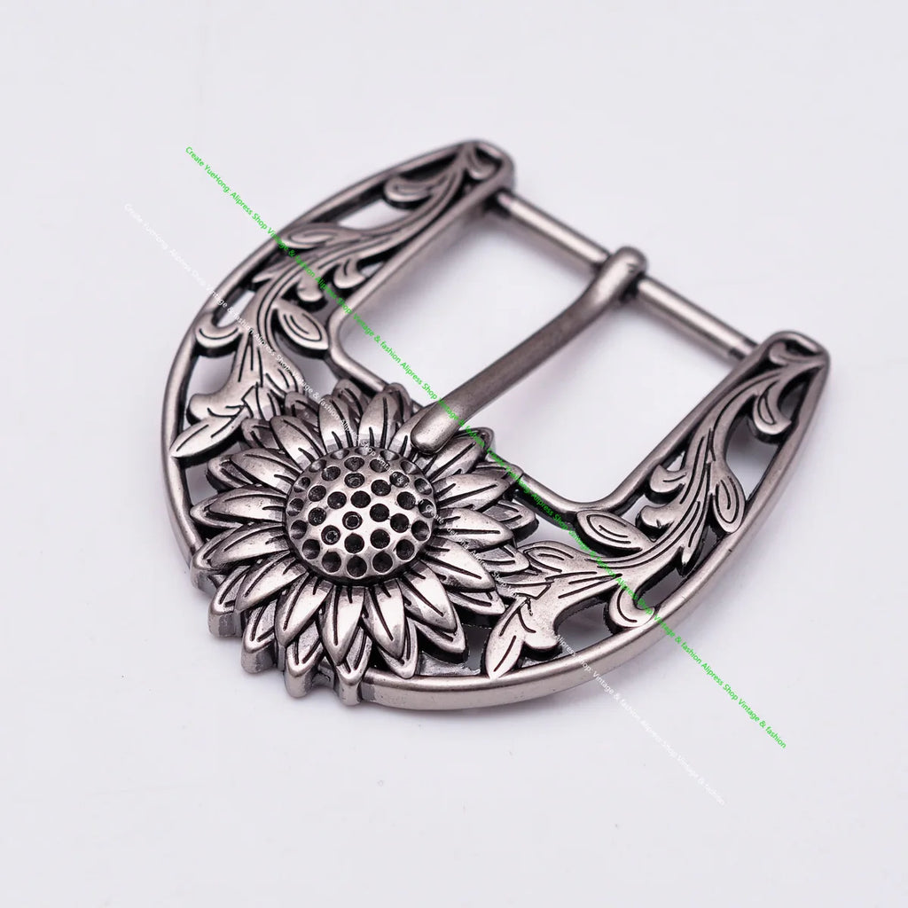 Antique Silver Sturdy Quality Western Cowboy Beauty Sun Flower Leather Belt Buckle Replacement Fit 38mm