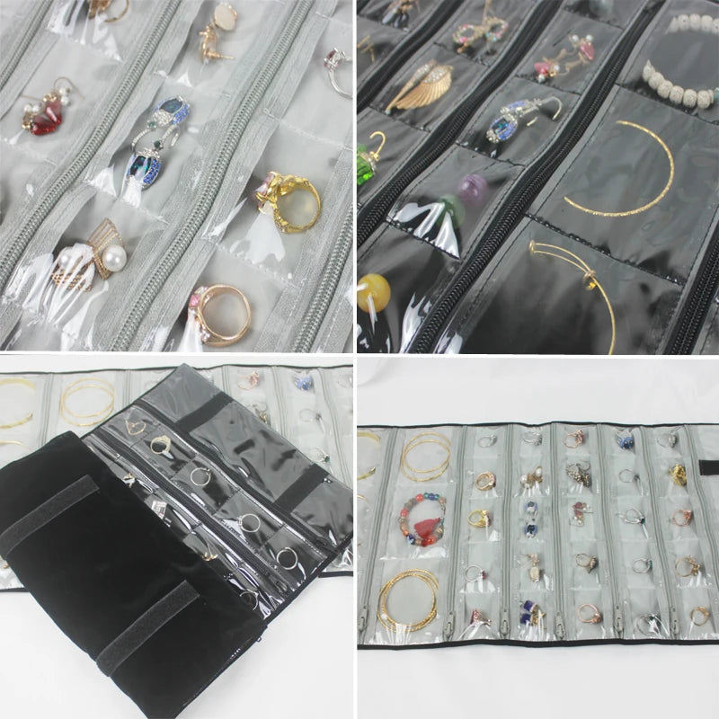 Velvet Travel Zipper Jewelry Roll Bag for Jewellery Ring Earrings Organizer Storage Bag Portable Necklace Display Cases