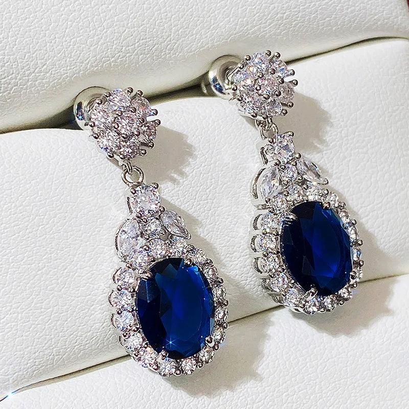 Huitan Newly-designed Women's Dangle Earrings Luxury Blue/White Cubic Zirconia Temperament Ear Accessories High Quality Jewelry