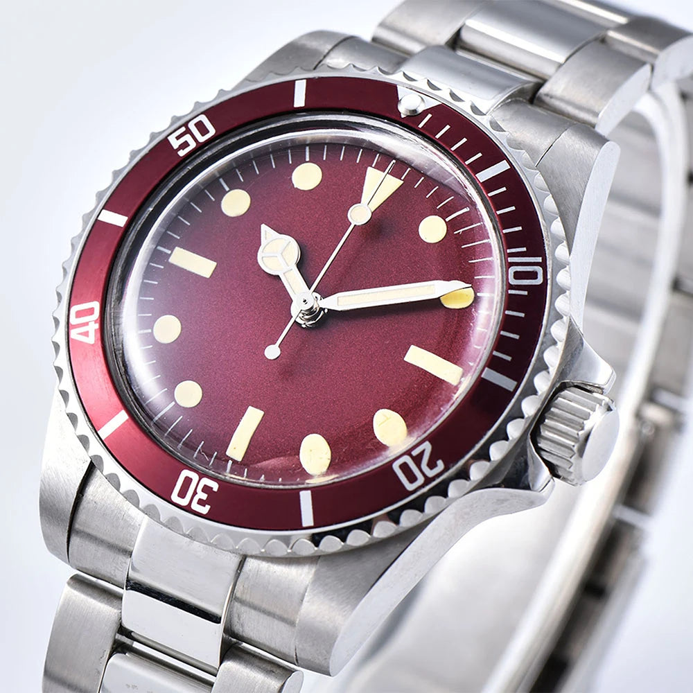 40mm Automatic Mechanical Movement Men's Red Dial Stainless Steel Case Bracelet Luminous Watch Aluminum Bezel